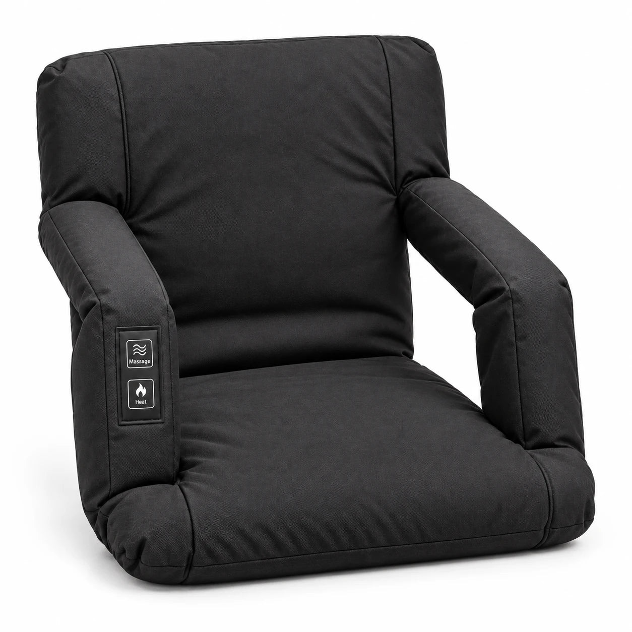Black WARMCAST heated seat insert with backrest, armrests, and side pockets; no chair legs included